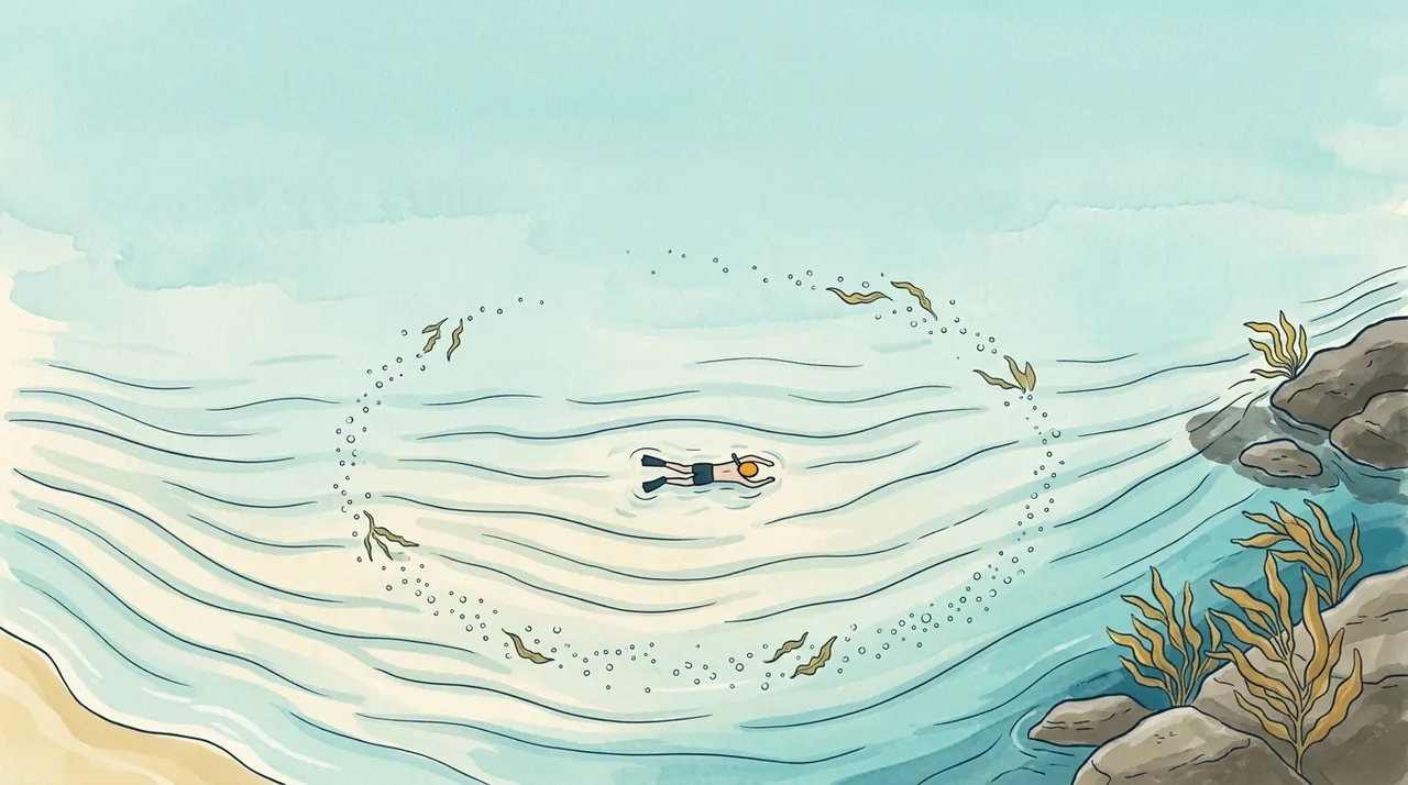 Illustration: a snorkeller floating over rippled sand, ringed by a slow circle of drifting weed and bubbles.