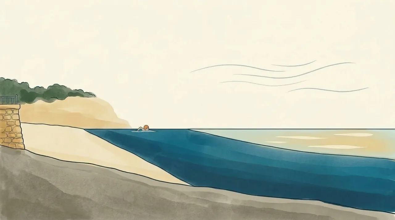 Painted cross-section from the beach and sea wall out to sea: a thin warm layer on top thins out towards the shore, and cold deep water tilts up to reach the beach.
