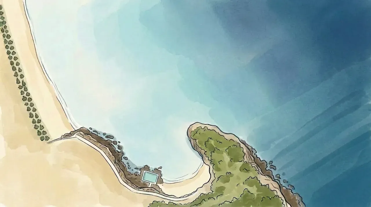Painted view from above of Cabbage Tree Bay: Manly Beach, the South Steyne corner, the sea wall and ocean pool, Shelly Beach and Shelly headland.