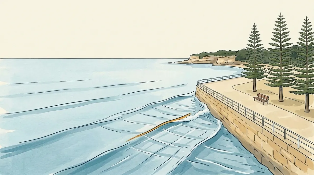 Painted view of the sandstone sea wall along Marine Parade at high tide, with a wave bouncing back off it.
