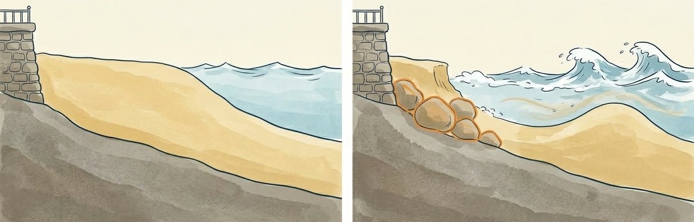 Two paintings of a beach in front of a stone sea wall. Left, calm: a wide, high beach against the wall and quiet water. Right, after a storm: big breaking waves, a small sand cliff left by the wall with rocks showing below it, and the sand moved out into a bank under the waves.