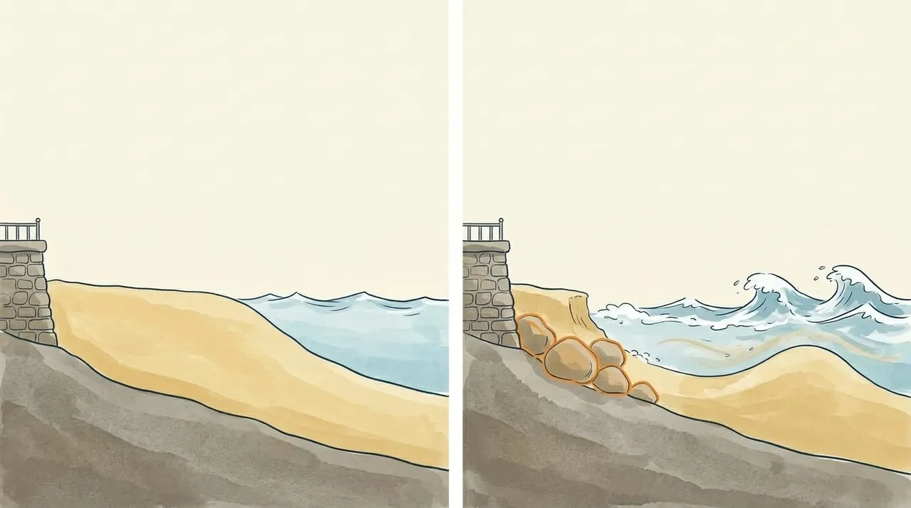 Painted cross-sections of the beach in calm weather and in a storm: in the storm, sand is pulled off the beach into a bar a short way out.