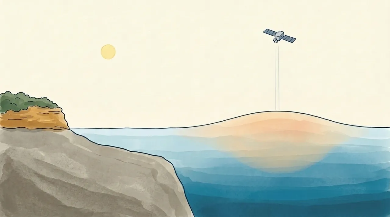 Painted cross-section of the coast and open sea: the sea surface rises into one broad hill over a deep lens of warm water, and a satellite overhead times a radar echo off its top. Height hugely stretched; not to scale.
