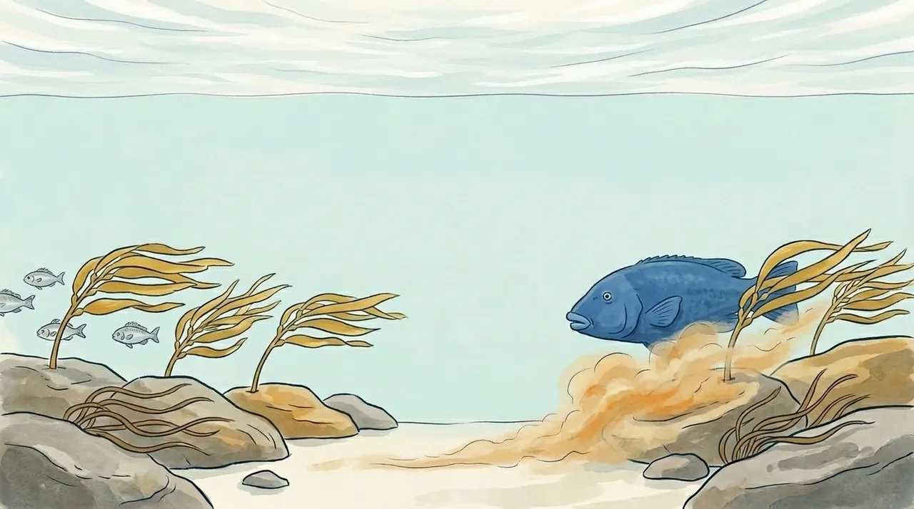 Painted underwater view in shallow water: seaweed and sand leaning one way and then the other as the water slides back and forth under a passing swell.