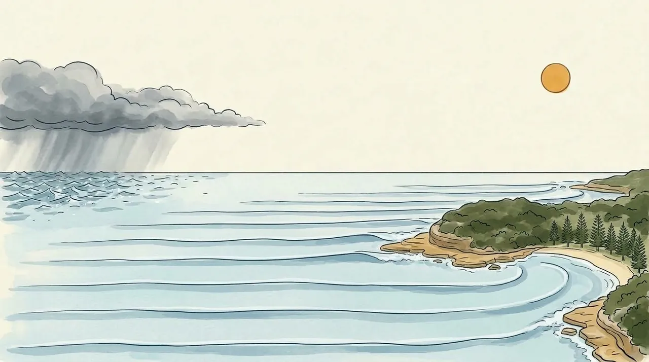 Painted view of a distant storm far out at sea sending long, even swell lines across the ocean towards the coast.