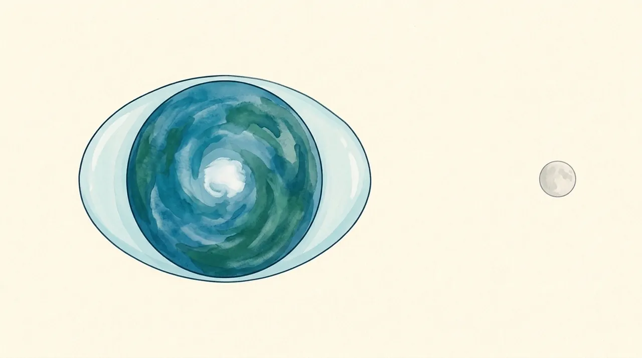 Painted view of the Earth with its ocean drawn out into two humps, one facing the Moon and one on the far side. Not to scale.