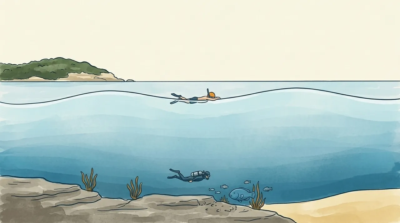 Painted cutaway of a swell passing over open sea, with the water underneath turning in loops that shrink with depth.