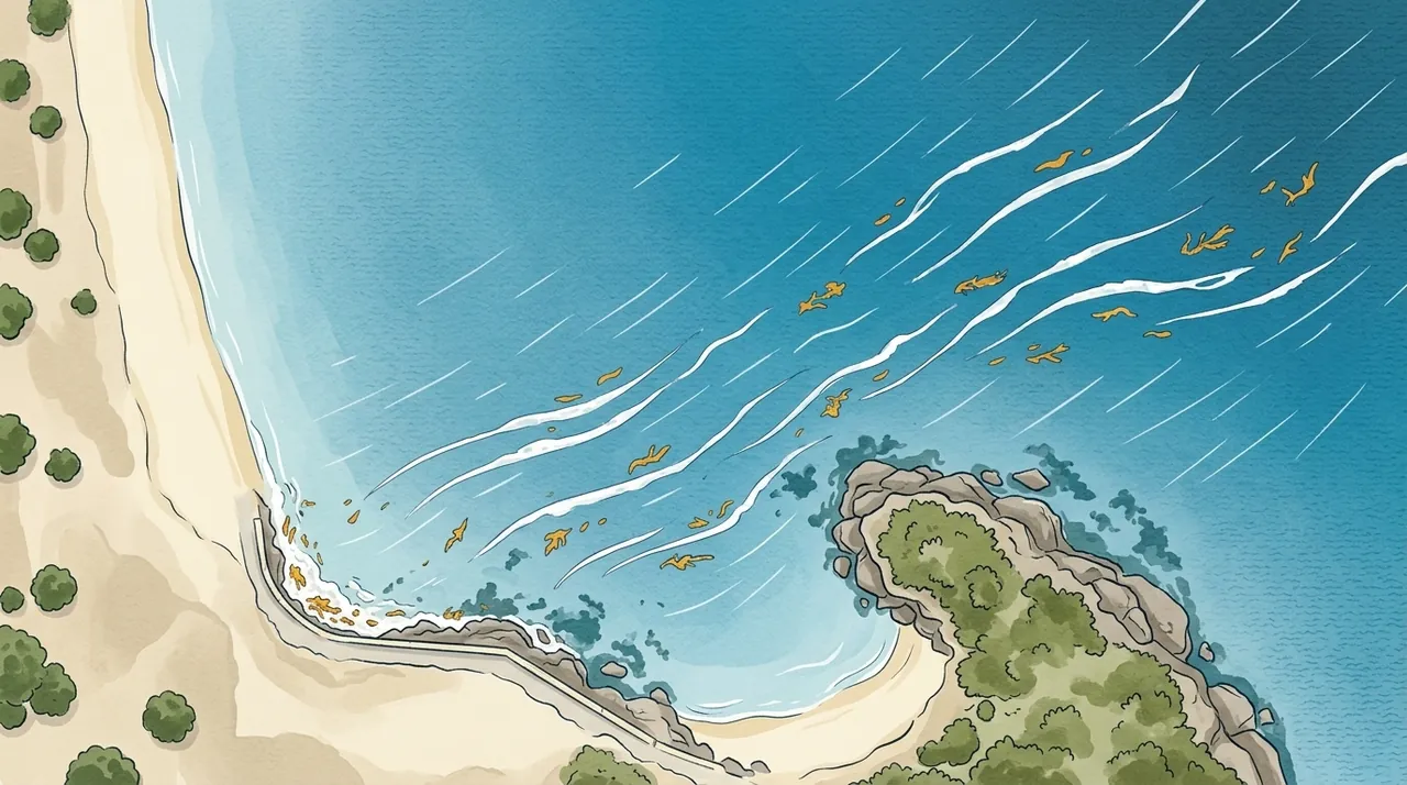 Painted map of Cabbage Tree Bay on a north-easterly day: foam and floating weed drifting towards the South Steyne corner.