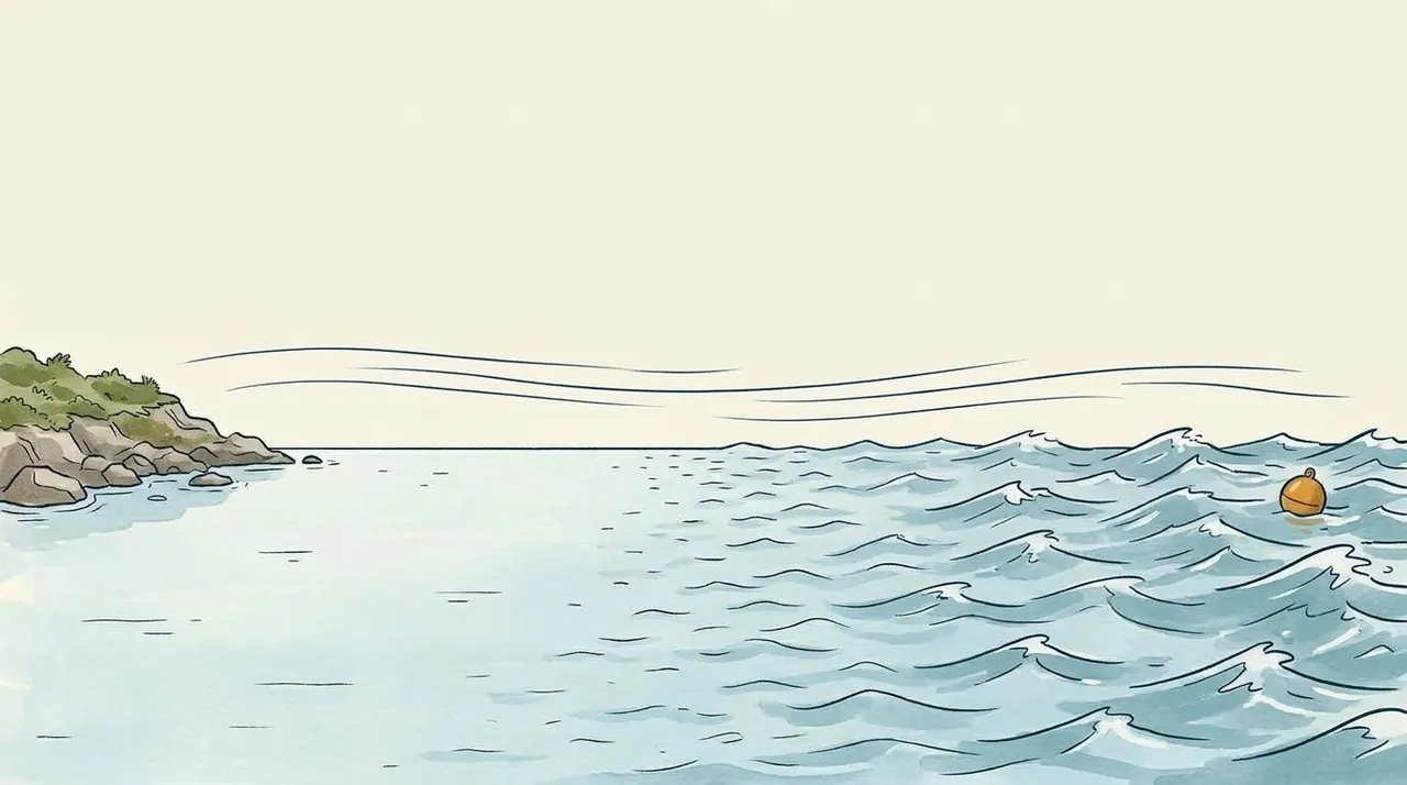 Painted view of a long run of open water with wind ripples growing into chop as the wind crosses it towards the shore.